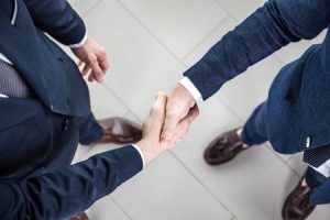 Lawyer and expert witness shaking hands during a meeting